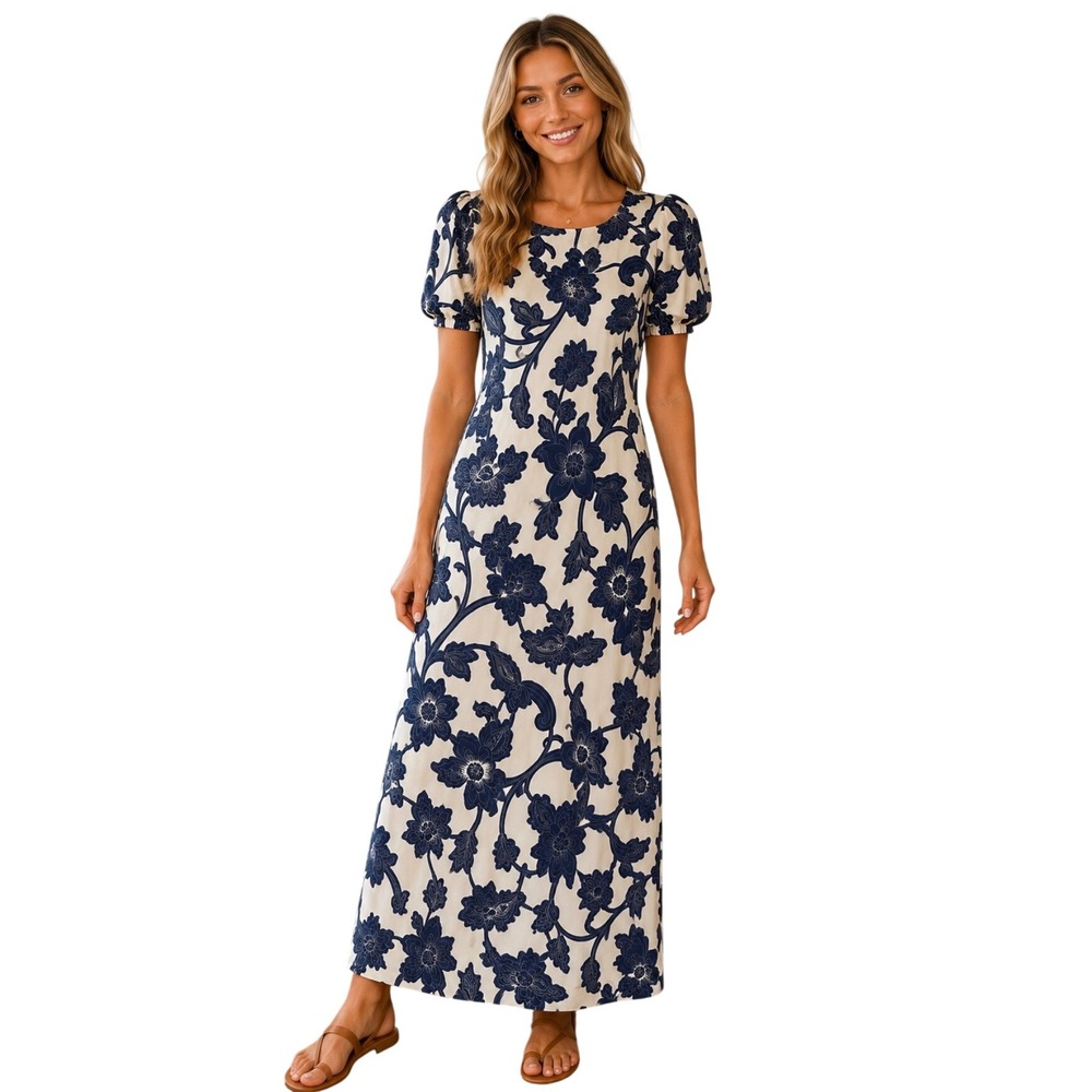 NWT Boden Blue White Floral Tencel Cotton Maxi Dress US 8R UK 12R Puff Sleeve